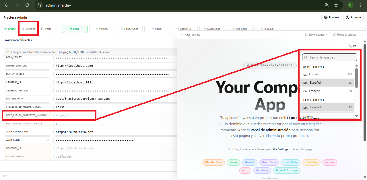 Build-time environment variables and production redeploy: an AI agent saves a value to the app slot’s .env.local and the slot-scoped build bakes it correctly on redeploy — languages, Stripe keys and custom variables surviving every rebuild.
