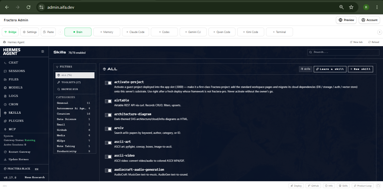 Hermes, the orchestrating brain of the agentic engineering workspace — the Hermes Agent admin interface that delegates to the coding agents and runs the environment around the code.
