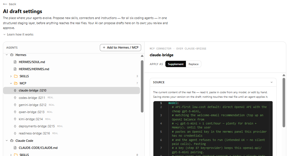 The AI Draft Settings page in a live workspace: the agents tree on the left, the selected MCP connector and its real source on the right